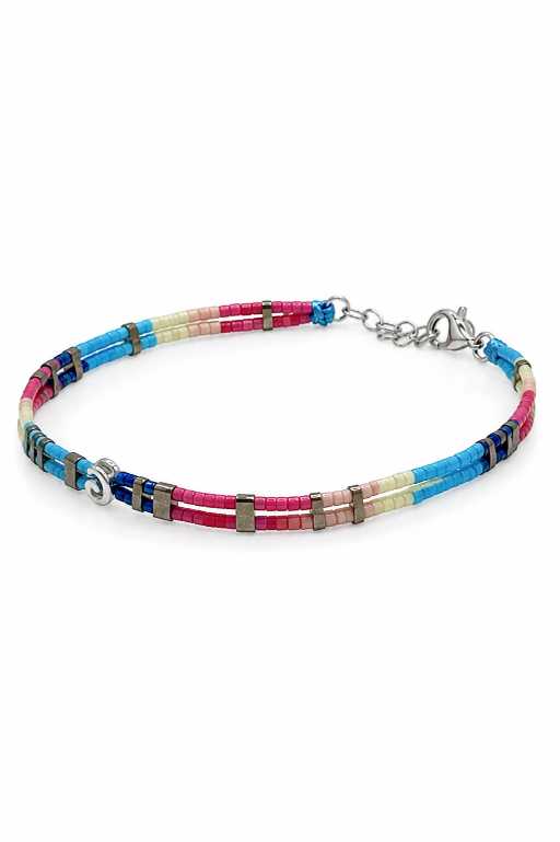 Silver Multicolour Double-Strand Beaded Bracelet With Silver-Tone Accent - ABR1803 detail view