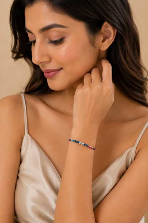 Silver Multicolour Double-Strand Beaded Bracelet With Silver-Tone Accent - ABR1803 front view