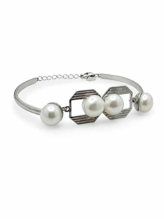 Silver Geometric Pearl-Style Silver-Tone Bracelet - Abr61810