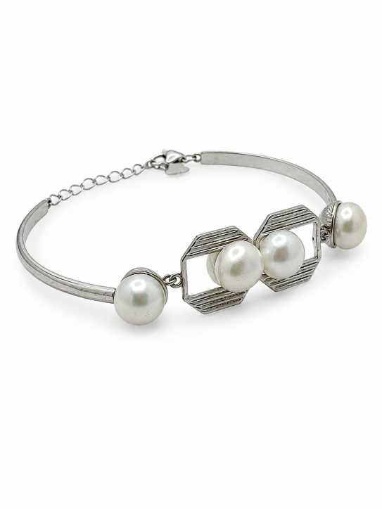 Silver Geometric Pearl-Style Silver-Tone Bracelet - ABR61810 close-up view