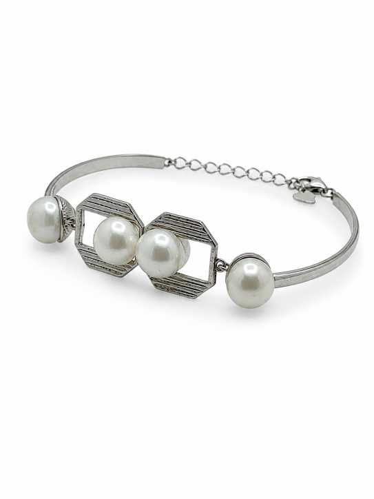 Silver Geometric Pearl-Style Silver-Tone Bracelet - ABR61810 detail view