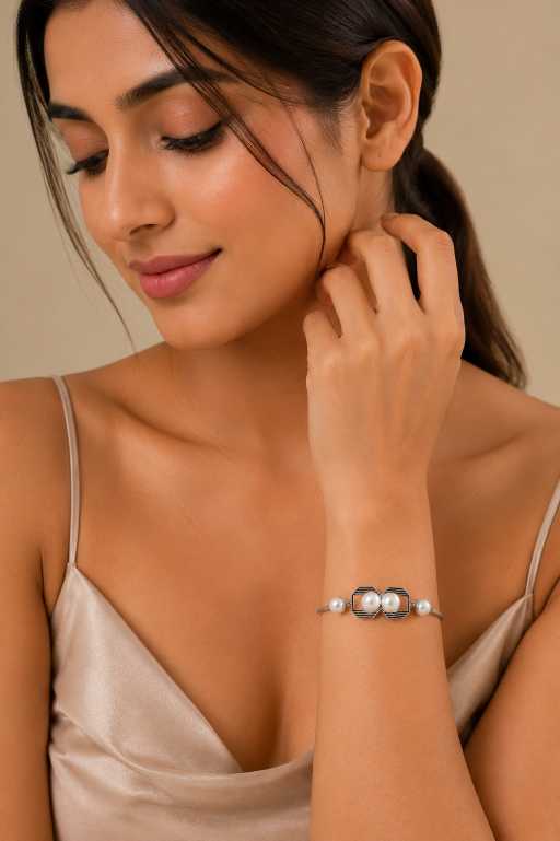Silver Geometric Pearl-Style Silver-Tone Bracelet - ABR61810 front view