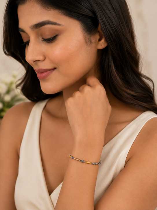 Silver Tri-Tone Textured Bead & Bar Bracelet - ABR62339 front view