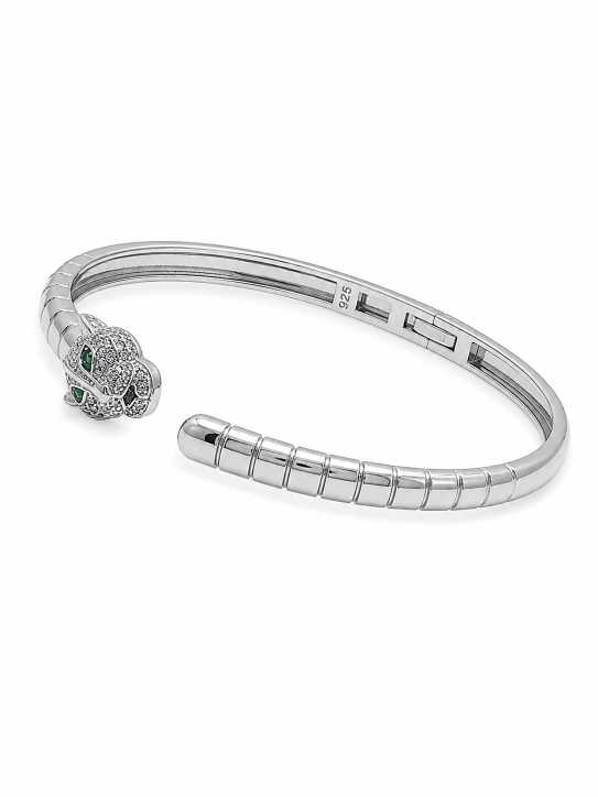 Silver Silver-Tone Animal Motif Open Cuff Bracelet With Green Accent Stones - ABR62277 front view