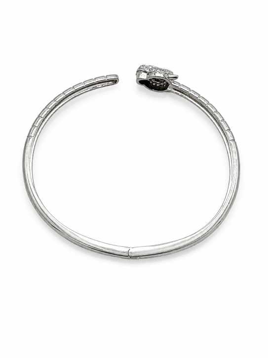 Silver Silver-Tone Animal Motif Open Cuff Bracelet With Green Accent Stones - ABR62277 close-up view