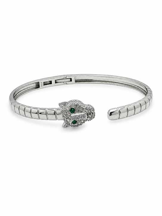 Silver Silver-Tone Animal Motif Open Cuff Bracelet With Green Accent Stones - ABR62277 detail view
