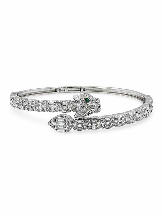 Silver Silver-Tone Panther-Inspired Open Cuff Bracelet With Stone Detailing - ABR62276 close-up view