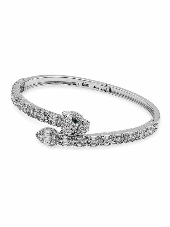 Silver Silver-Tone Panther-Inspired Open Cuff Bracelet With Stone Detailing - ABR62276 detail view