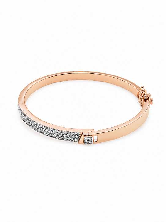 Silver Rose Gold-Tone Pavé Accent Open Bangle Bracelet - ABR62263 side view