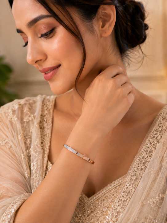 Silver Rose Gold-Tone Pavé Accent Open Bangle Bracelet - ABR62263 close-up view