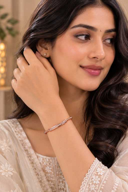 Silver Rose Gold Beaded Bar Bracelet With Stone Detailing - ABR62268 close-up view