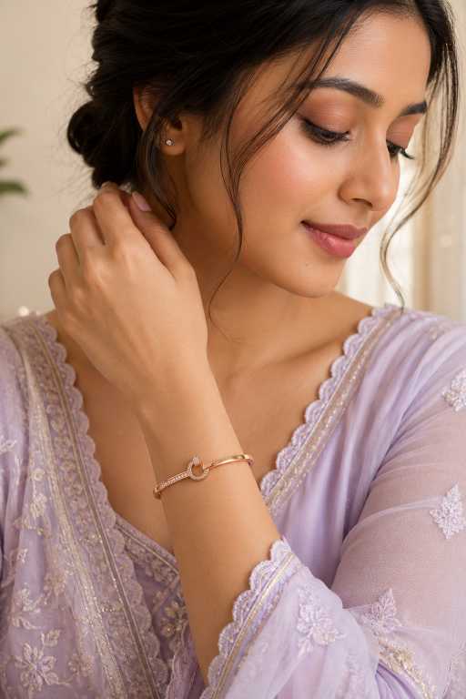 Silver Rose Gold-Tone Open Cuff Bracelet With Circular Stone Detail - ABR62273 close-up view