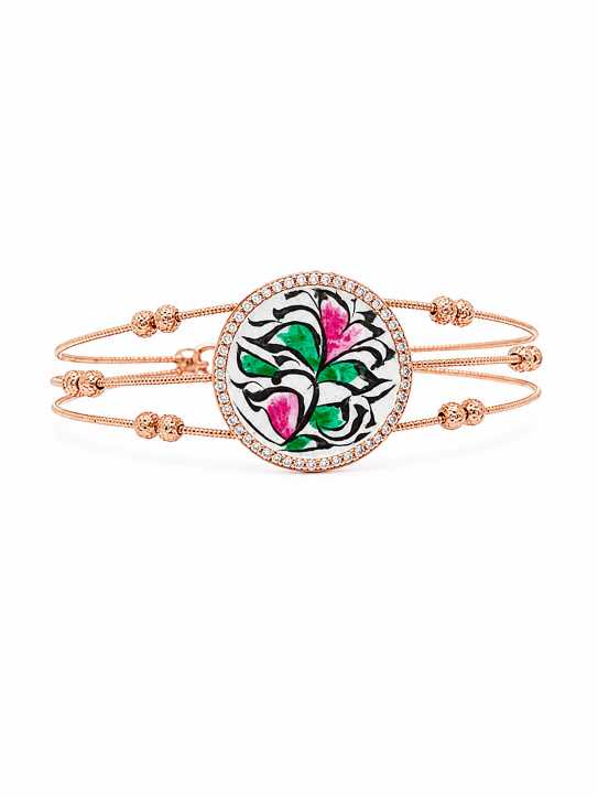 Silver Rose Gold-Tone Floral Motif Multi-Strand Bracelet - ABR62024 close-up view