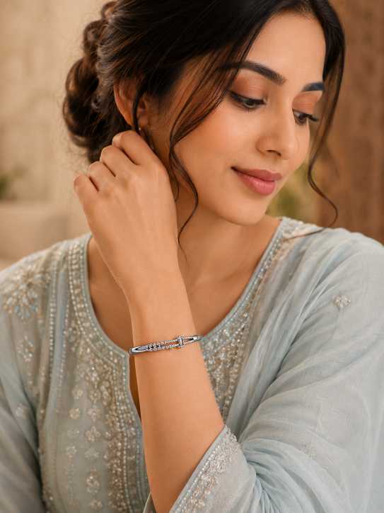 Silver Elegant Silver-Tone Crystal-Detail Bracelet With Twisted Clasp - ABR62275 close-up view