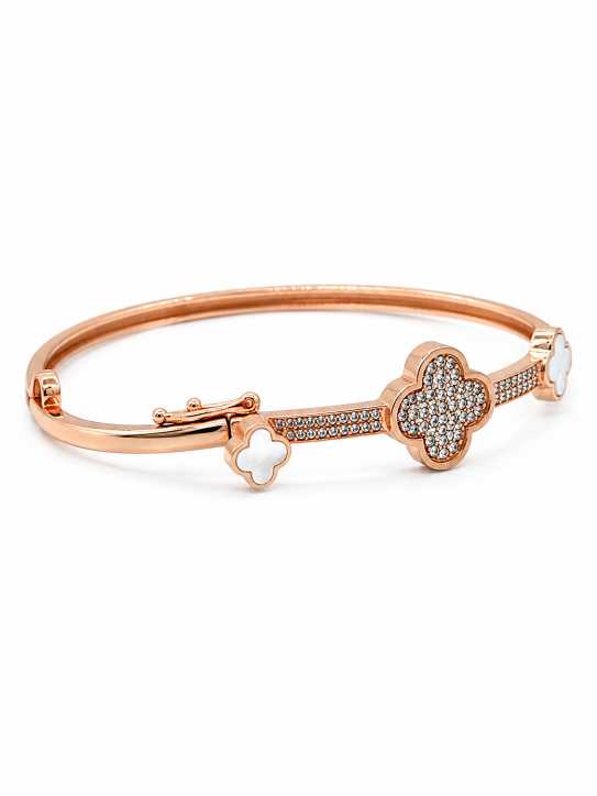 Silver Rose Gold-Tone Clover Motif Stone-Detail Bracelet - ABR61776