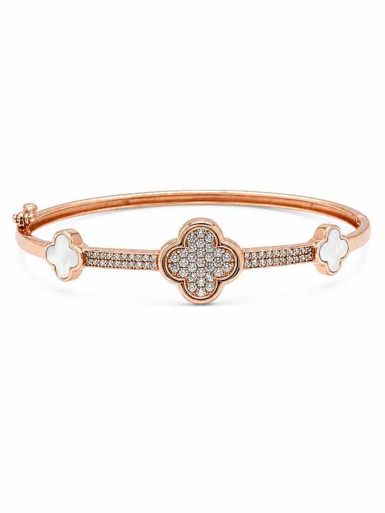 Silver Rose Gold-Tone Clover Motif Stone-Detail Bracelet - ABR61776 close-up view