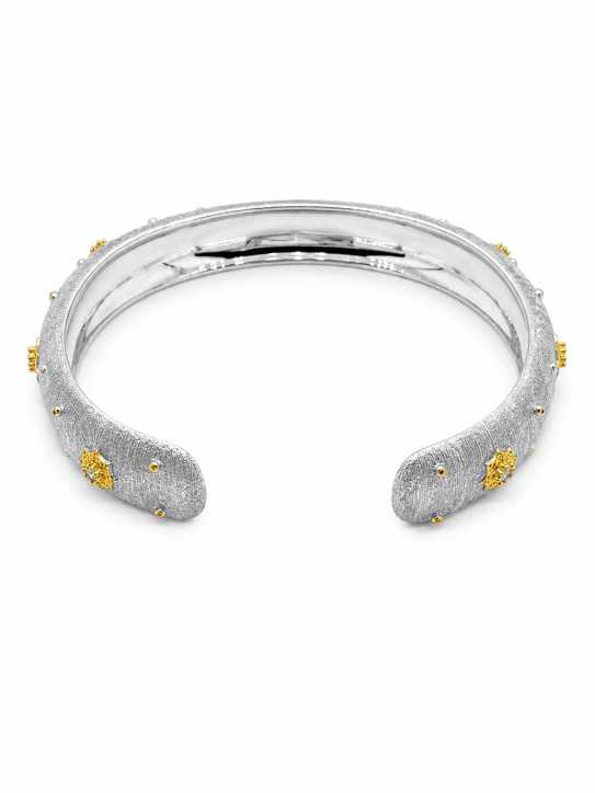 Silver Textured Open Cuff Bracelet With Gold-Tone Floral Motifs - ABR61790