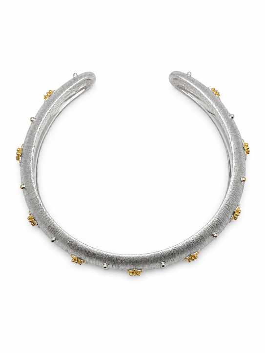 Silver Textured Open Cuff Bracelet With Gold-Tone Floral Motifs - ABR61790 detail view
