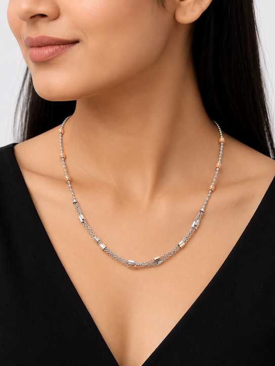 Silver Elegant Mixed-Tone Beaded Mala With Layered Chain Detail - MAL10145 close-up view