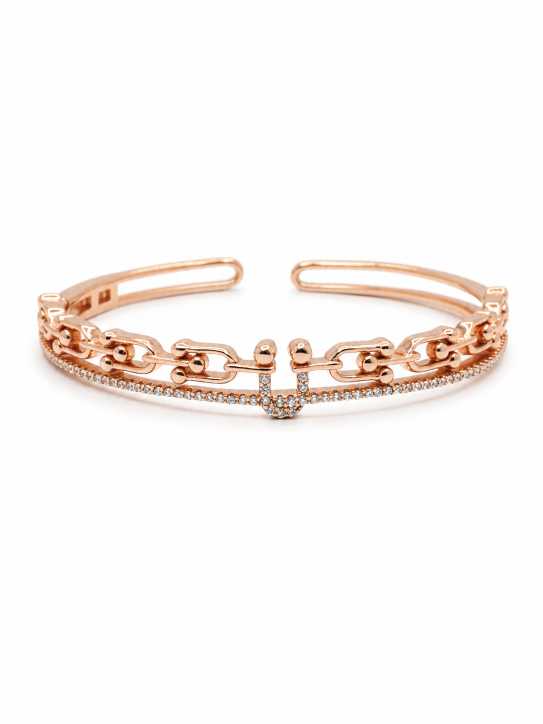 Silver Rose Gold-Tone Chain Link Open Cuff Bracelet - ABR62288 detail view