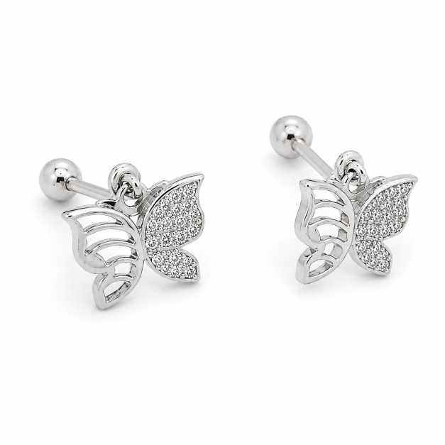 Silver Butterfly Design Stud Earrings With Clear Stone Detailing - SBD0116 side view