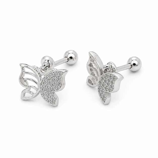 Silver Butterfly Design Stud Earrings With Clear Stone Detailing - SBD0116 detail view