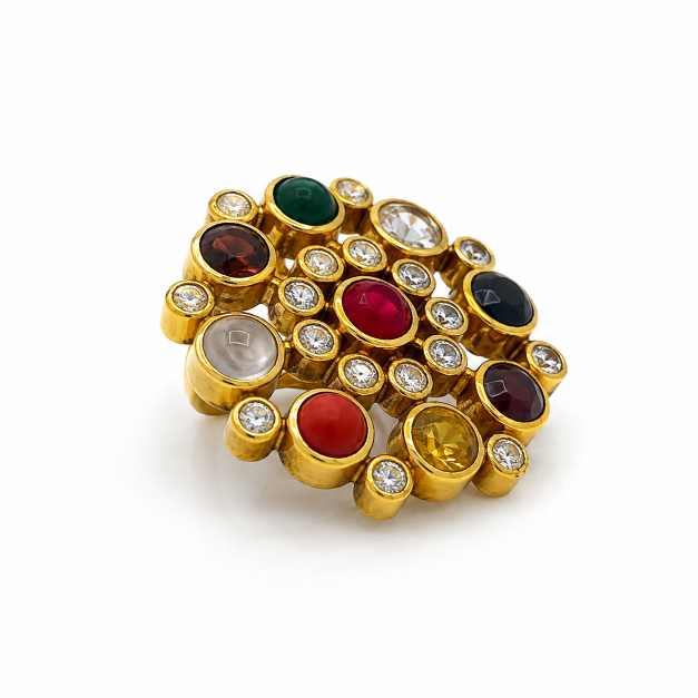 Gold Rings Multicolour Gemstone Cluster Statement Ring - APE60940 side view