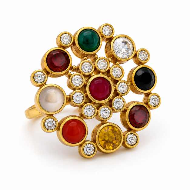 Gold Rings Multicolour Gemstone Cluster Statement Ring - APE60940 detail view
