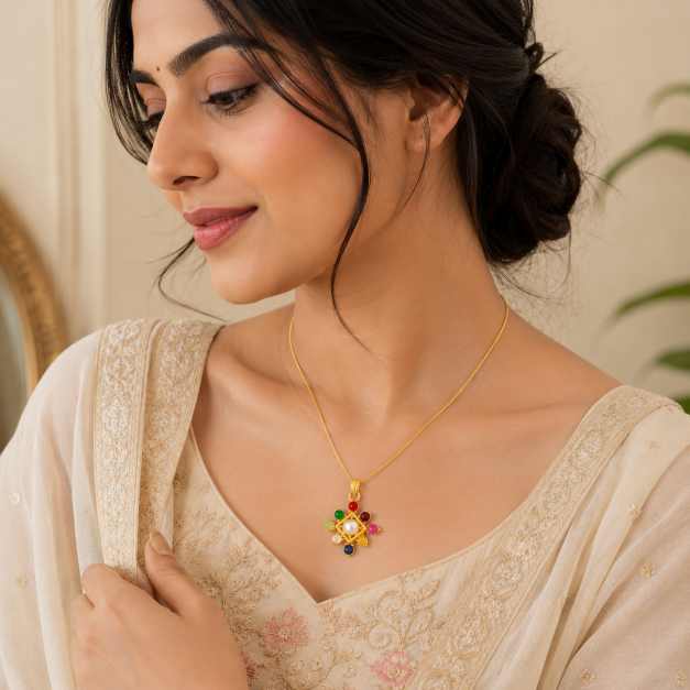 Gold Earrings Multicolour Round Stone Gold-Tone Pendant With Pearl-Like Centre - APE60956 front view