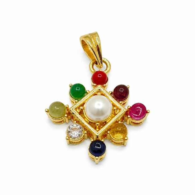 Gold Earrings Multicolour Round Stone Gold-Tone Pendant With Pearl-Like Centre - APE60956 close-up view