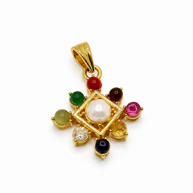 Gold Earrings Multicolour Round Stone Gold-Tone Pendant With Pearl-Like Centre - APE60956 detail view