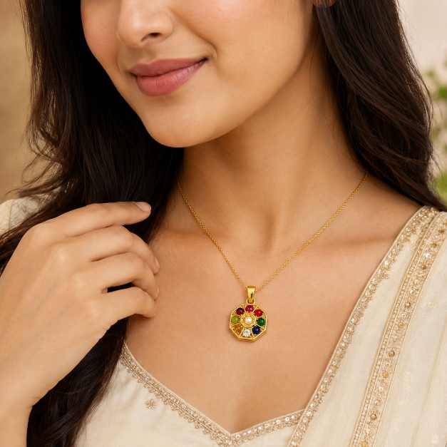 Gold Chain Multicolour Octagonal Pendant With Central White Stone - APE60954 front view
