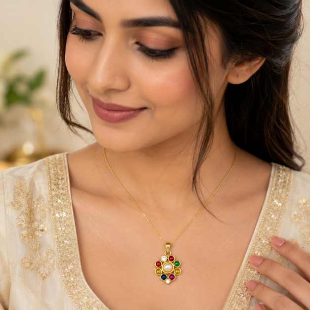 Gold Chain Multicolour Stone Gold-Tone Pendant With Round Centrepiece - APE60950 front view