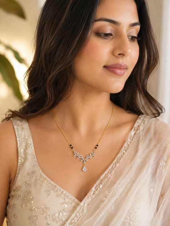 Gold Gold-Tone Chain Necklace With Black Bead Accents And Crystal-Style Pendant - SGAN10195 front view
