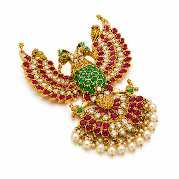 Gold Earrings Peacock Design Multicolor Stone & Pearl Pendant - APE60961 side view