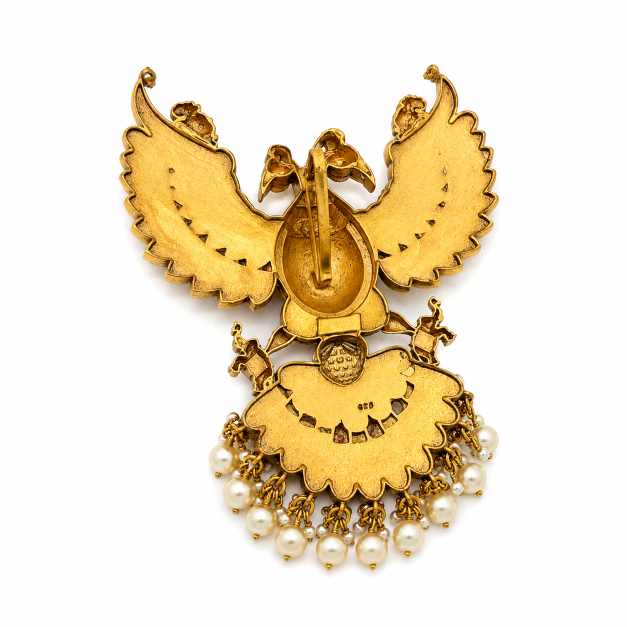 Gold Earrings Peacock Design Multicolor Stone & Pearl Pendant - APE60961 close-up view