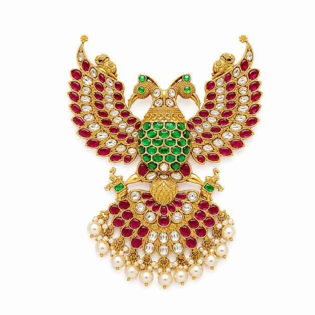 Gold Earrings Peacock Design Multicolor Stone & Pearl Pendant - APE60961 detail view