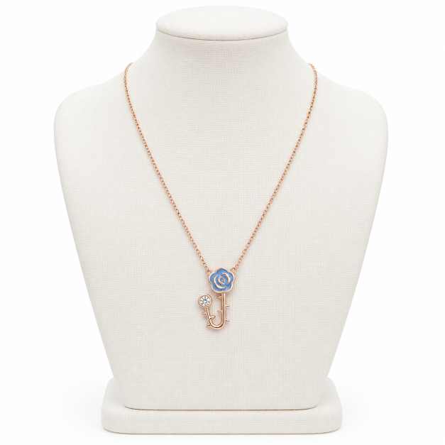Silver Chain Rose Gold-Tone Blue Floral Key Pendant Necklace - SPS10229 side view