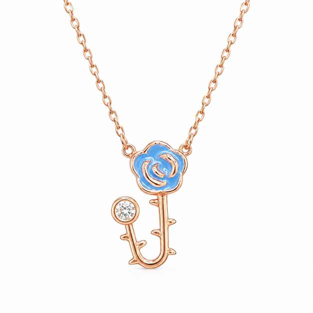 Silver Chain Rose Gold-Tone Blue Floral Key Pendant Necklace - SPS10229 detail view