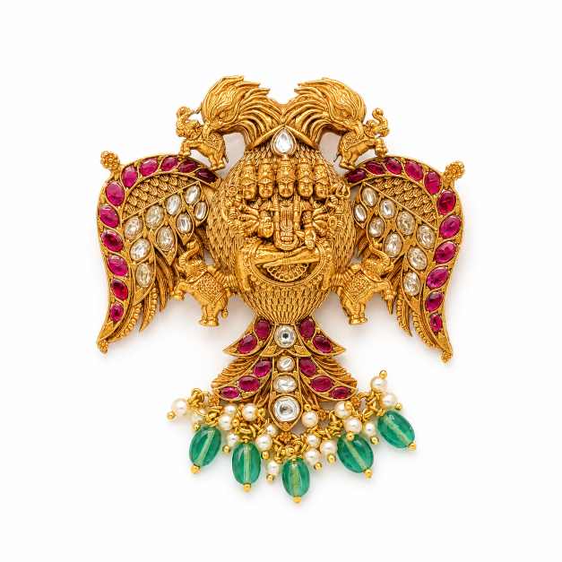 Gold Chain Traditional Ganesha Motif Pendant With Red, Green & White Accents - APE60960 close-up view