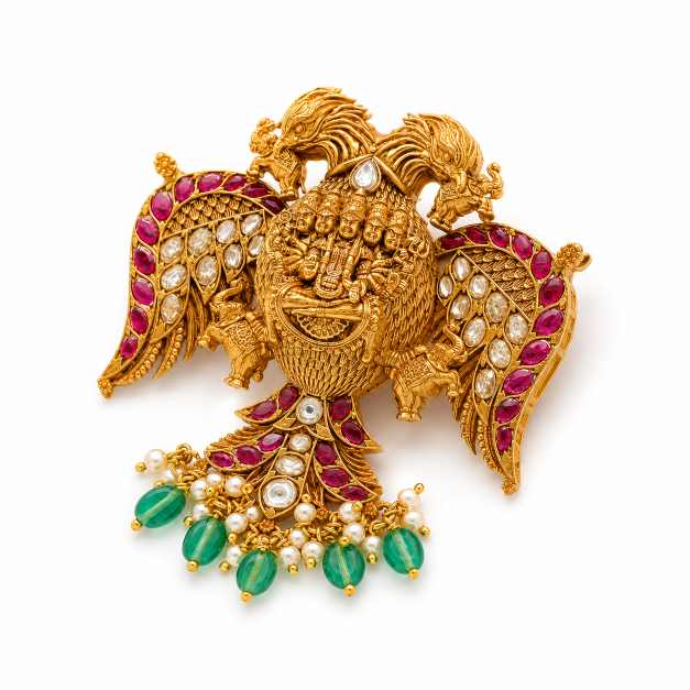 Gold Chain Traditional Ganesha Motif Pendant With Red, Green & White Accents - APE60960 detail view