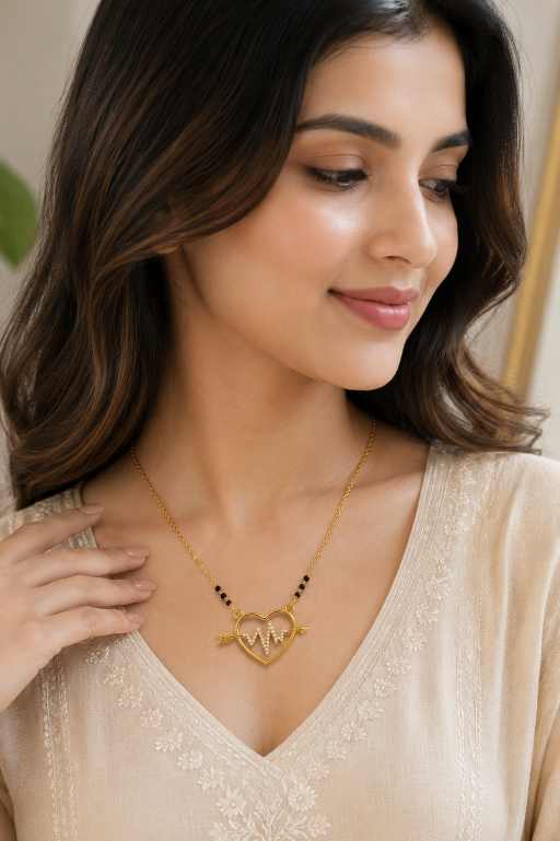 Gold Chain Gold-Tone Heart & Heartbeat Arrow Necklace With Black Bead Accents - SGAN10197