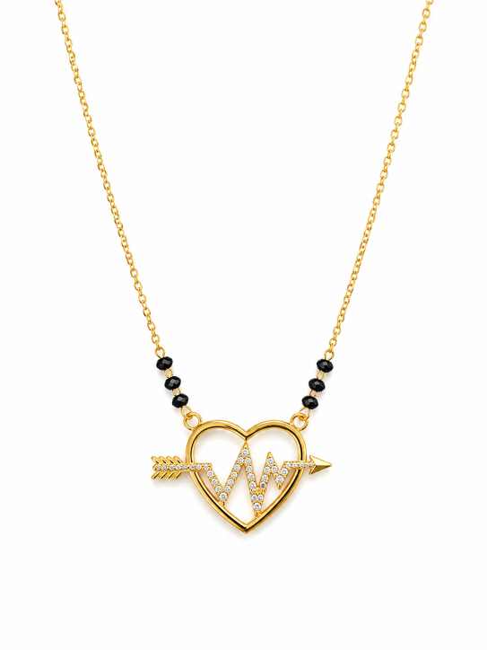 Gold Chain Gold-Tone Heart & Heartbeat Arrow Necklace With Black Bead Accents - SGAN10197 side view