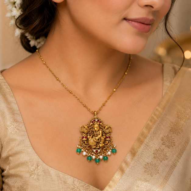 Gold Pendants Temple-Style Deity Motif Pendant With Green, Red & White Beaded Detailing - APE60959 side view