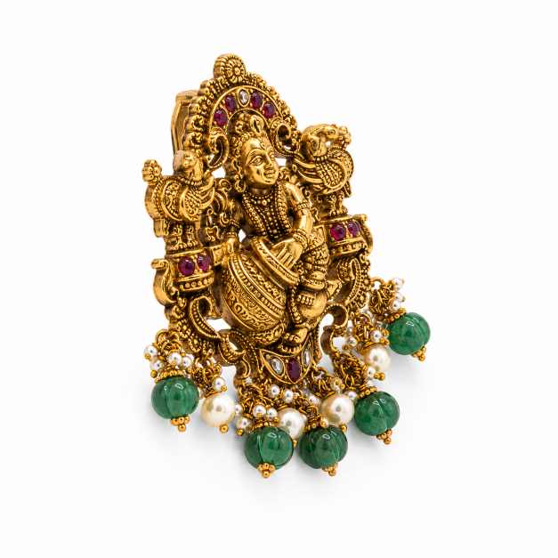 Gold Pendants Temple-Style Deity Motif Pendant With Green, Red & White Beaded Detailing - APE60959 close-up view