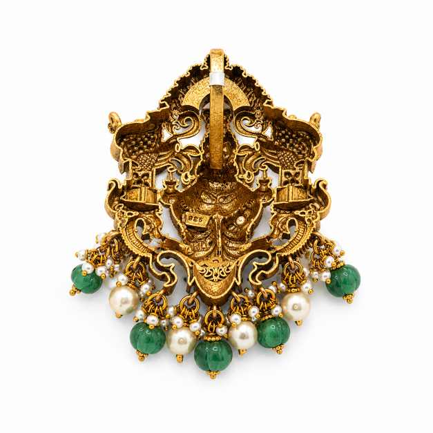 Gold Pendants Temple-Style Deity Motif Pendant With Green, Red & White Beaded Detailing - APE60959 detail view