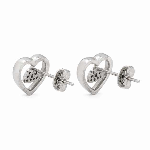 Silver Heart-Shaped Stud Earrings With Clear Stone Detailing - SEAR60103 side view