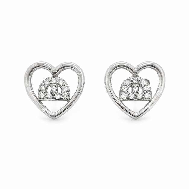 Silver Heart-Shaped Stud Earrings With Clear Stone Detailing - SEAR60103 front view