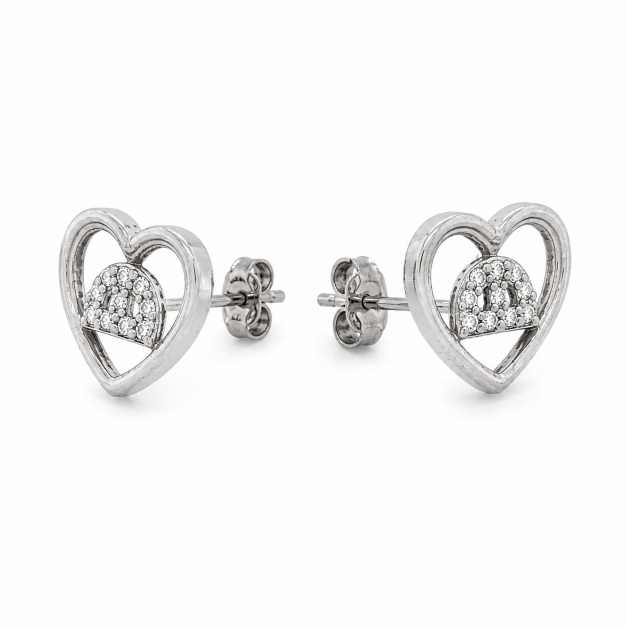 Silver Heart-Shaped Stud Earrings With Clear Stone Detailing - SEAR60103 detail view