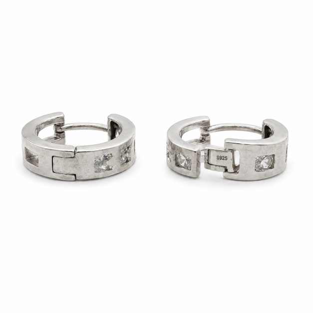 Silver Geometric Stone-Detail Silver-Tone Huggie Hoop Earrings - SRIN0113 front view